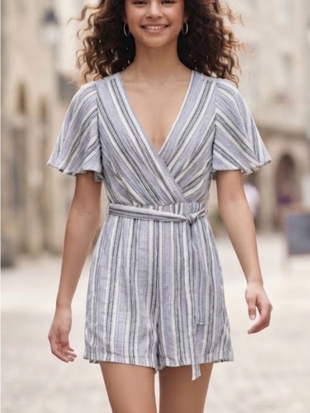 Blue Rain Francescas Striped Flutter Sleeve Wrap Romper Blue White XXS Lined